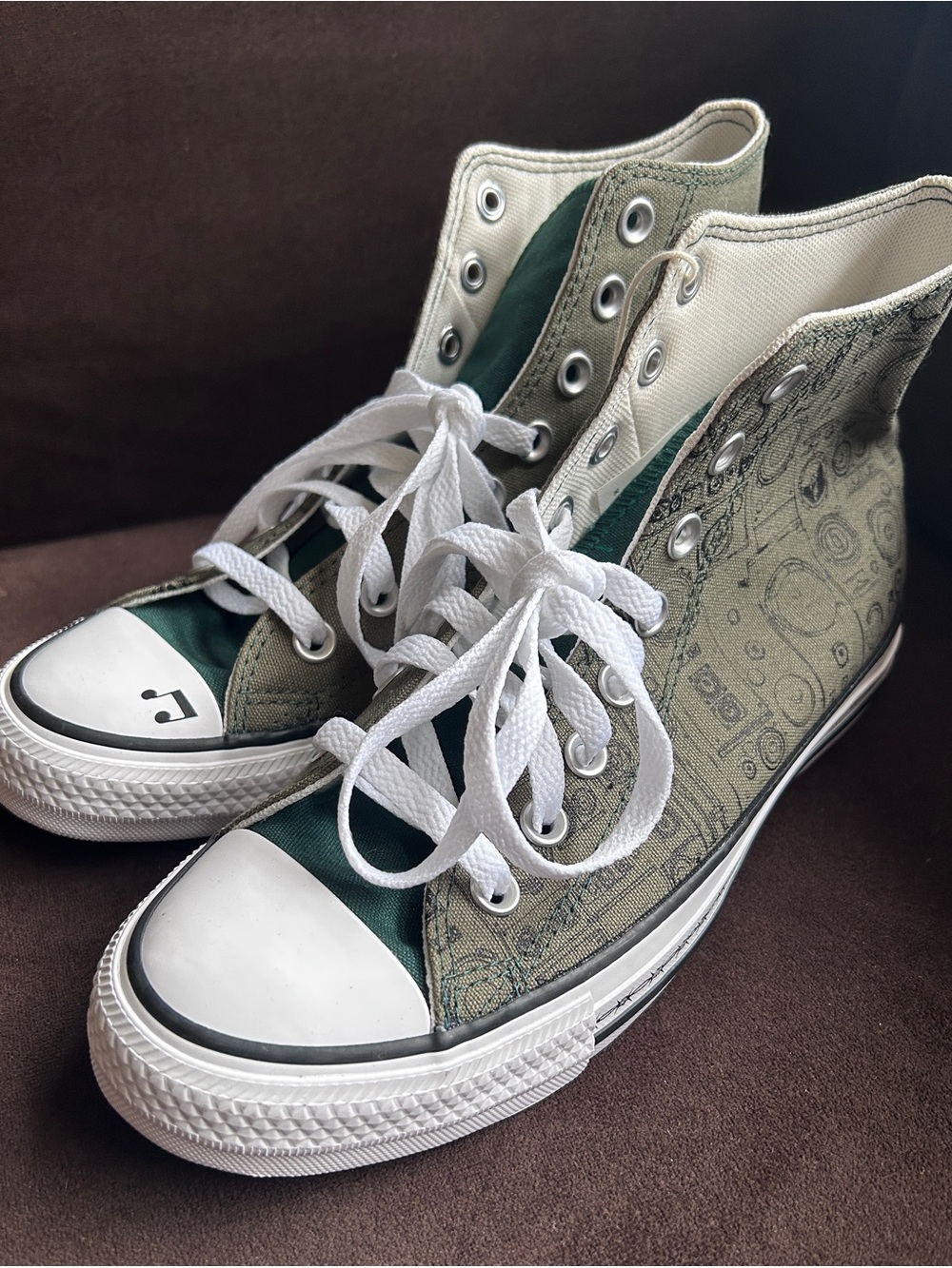 Custom Converse High-Top Sneakers in Olive Green with Printed Detail